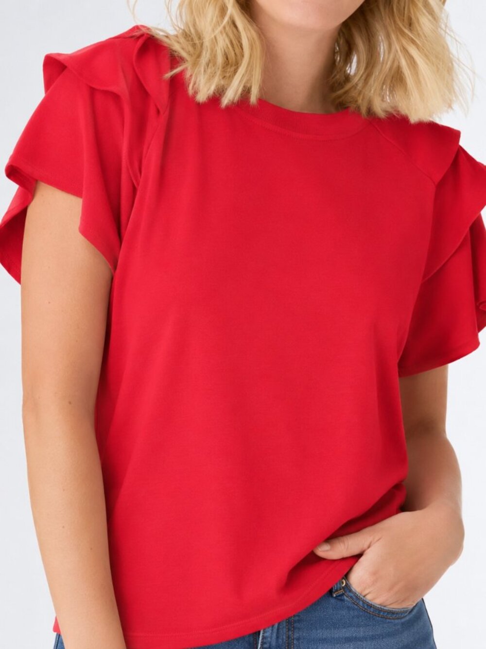 Coco + Carmen Flutter Sleeve Top Women's L/XL Red Knit Stretch Blouse